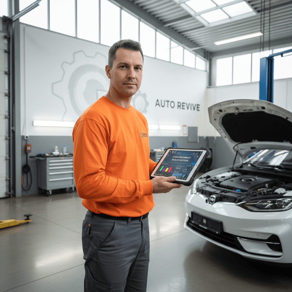 Technician in work clothes standing beside a vehicle, holding a diagnostic tablet