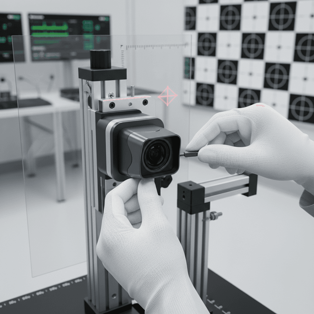 Technician performing ADAS sensor connection during mobile calibration